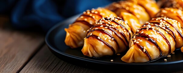 Chinese cuisine concept with dim sum and street food. Delicious dumplings drizzled with chocolate and sprinkled with sesame seeds.