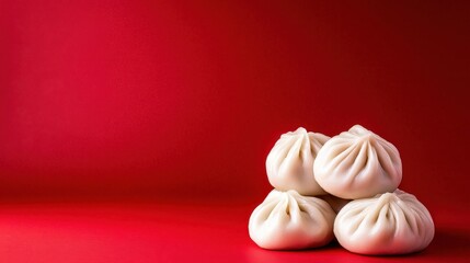 Chinese cuisine concept with dim sum and street food. Soft dumplings stacked against a vibrant red background.