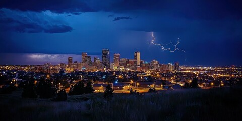 Fototapeta premium A lightning bolt illuminating the night sky above a distant city skyline