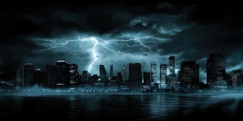 Fototapeta premium A lightning bolt illuminating the night sky above a distant city skyline
