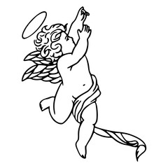 Fototapeta premium playful baby angel with wings and swirling drapery line art