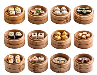 Chinese cuisine concept with dim sum and street food. Delicious dim sum served in bamboo steamers, showcasing a variety of flavors and textures.