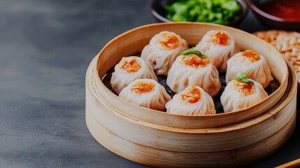Chinese cuisine concept with dim sum and street food. Delicious dumplings served in a bamboo steamer with dipping sauces.