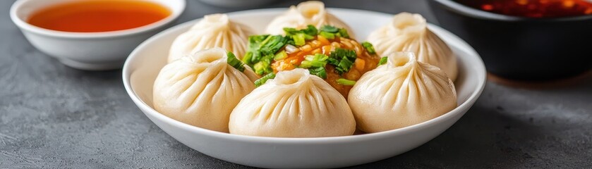 Chinese cuisine concept with dim sum and street food. Delicious dumplings served with sauce and garnished with herbs.
