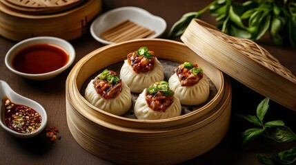 Chinese cuisine concept with dim sum and street food. Steamed dumplings served in a bamboo basket with dipping sauce and herbs.