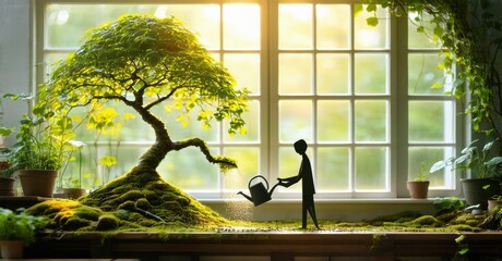 Miniature world. Person waters bonsai tree near window. Lush greenery, soft light creates peaceful scene. Delicate details, calming atmosphere.
