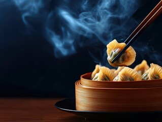 Chinese cuisine concept with dim sum and street food. Steaming dumplings being picked with chopsticks against a dark background.