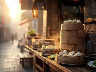 Chinese cuisine concept with dim sum and street food. Street food stall featuring bamboo steamers filled with dumplings in a vibrant urban setting.