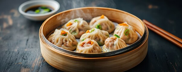 Chinese cuisine concept with dim sum and street food. Steamed dumplings served in a bamboo basket with dipping sauce.