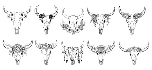Collection of Line Art Cow Skull with Floral and Tribal Elements