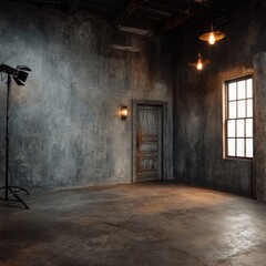 Dark, grungy room with textured walls, a weathered door, a window with panes, and studio lighting