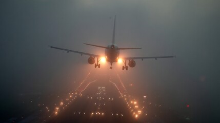 Landing airplane in foggy conditions airport photography nighttime low angle aviation challenge