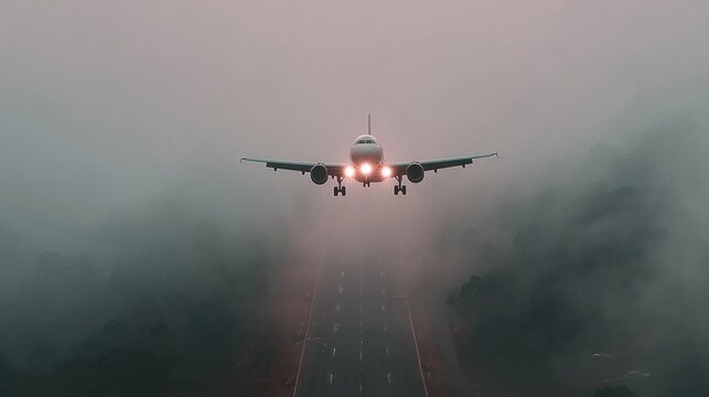 Airplane landing in foggy weather airport runway aerial view atmospheric conditions aviation concept