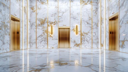 Modern elevator lobby with gold accents on white marble
