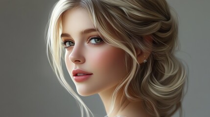 Fototapeta premium Stunning Blonde Woman Close up Portrait in Isolated Background Digital Art, Beautiful Face, Elegant Hairstyle, Soft Lighting, Closeup View
