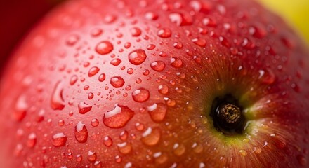 Fresh red apple with water drops, macro shot. Healthy fruit, delicious, juicy. Food photography.