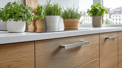 Modern kitchen counter with herbs and light cabinets