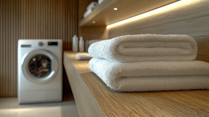 Modern laundry room with folded towels