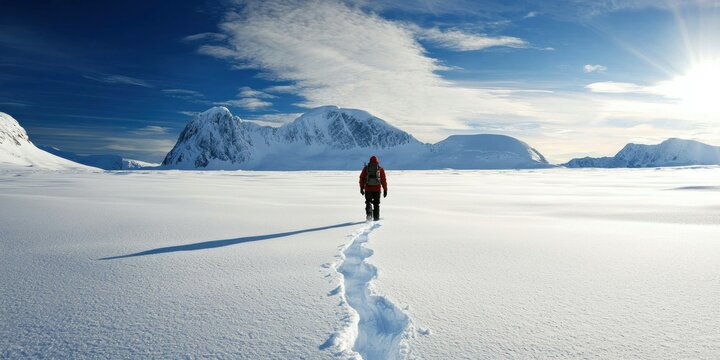 A lone explorer trekking across a vast frozen tundra, leaving a trail in the snow