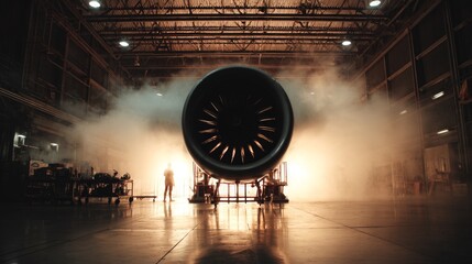 Jet engine test ignition aircraft hangar industrial photography dynamic environment low angle technology innovation