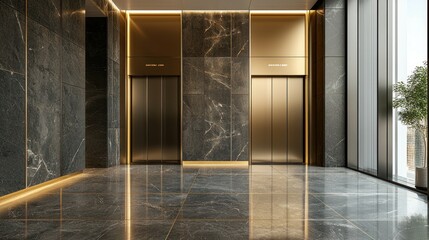 Modern lobby with gold accents and elevators