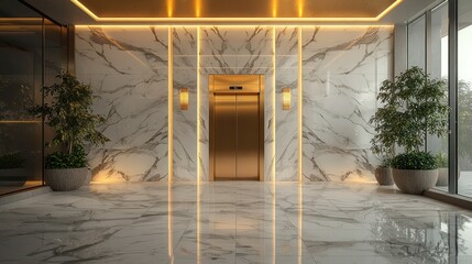 Modern lobby with gold elevator and marble walls