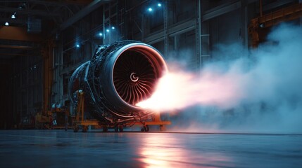 Jet engine test ignition industrial facility photography controlled environment close-up engineering advancement