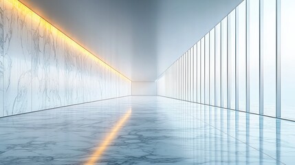 Modern, minimalist hallway with marble walls and floor, bathed in soft light