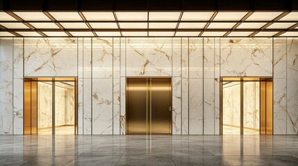Modern lobby with gold elevators