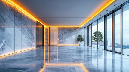 Modern marble interior with orange accent lighting and city views