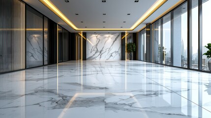 Modern marble-floored hallway with large windows