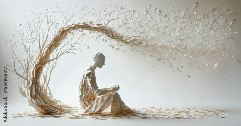 Poster person sits within tree structure. paper forms both figure, branches. delicate, minimalist aesthetic