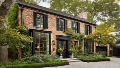 Updated 1960s brick house facade, featuring modern windows and doors amidst lush greenery. © Sajida