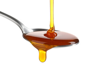 Honey Dripping From A Spoon Showing The Texture And Viscosity Against Transparent Background
