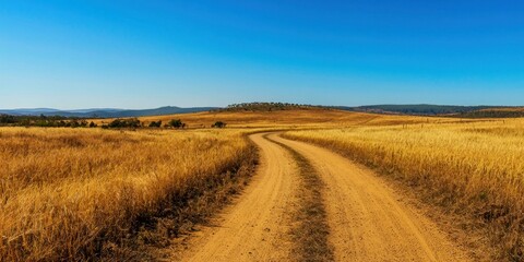 Fototapeta premium A long, winding dirt road cutting through golden fields, leading towards the horizon