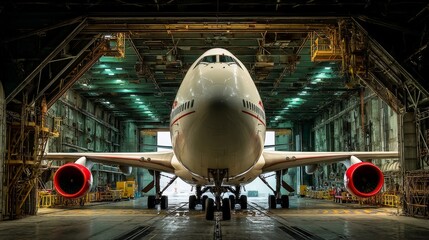 Aircraft maintenance event hangar location aviation content industrial environment front view engineering concept