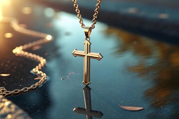Holy golden crucifix, a spiritual symbol of Christian faith, stands isolated against the sky