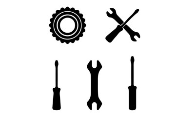 Obraz premium Mechanic Tools and Gear Silhouettes Set, A collection of black silhouettes featuring essential mechanic tools and a gear. 