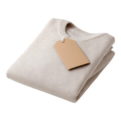 Folded beige sweater with a blank cardboard tag attached.