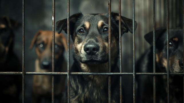 Concept of a dog shelter, mongrel stray sad dogs in a cage looking into the camera through the bars