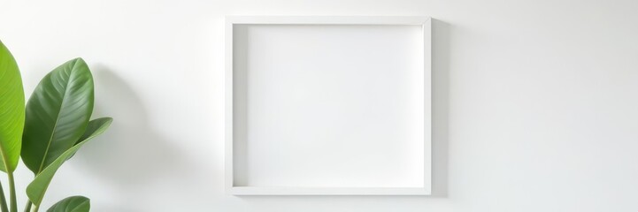 Empty white photo frame hangs on a pristine white wall , photography, stylish, art