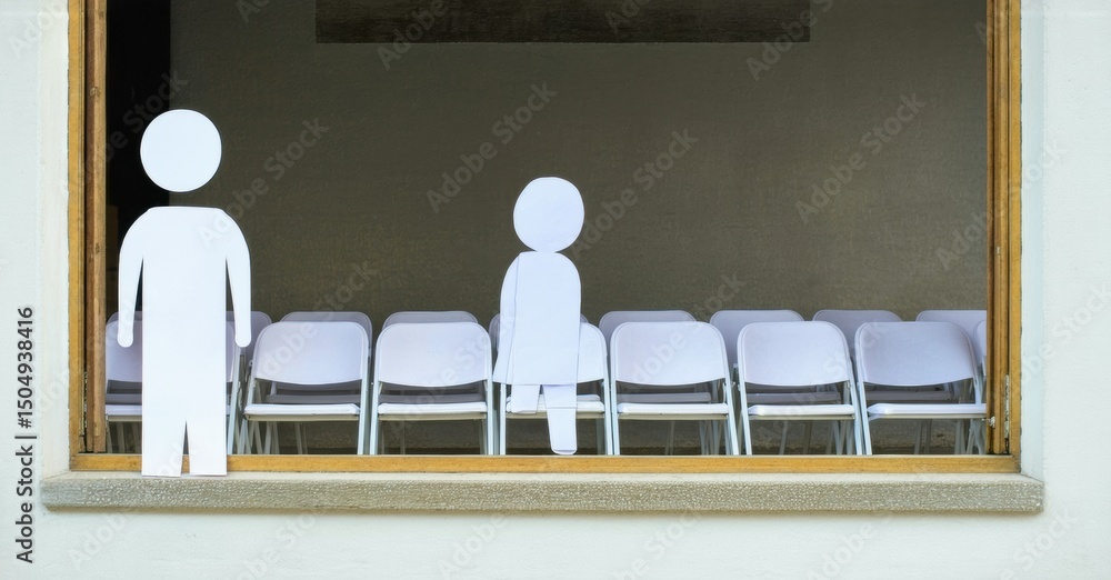 Poster empty room visible through window. paper figures suggest presence, seating arranged for event or mee