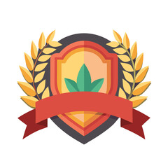 Flat Design Shield with Laurel Wreath and Ribbon on Black Background