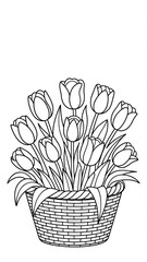 Tulips in a Basket Fresh Spring Flowers in Black and White Line Art Style