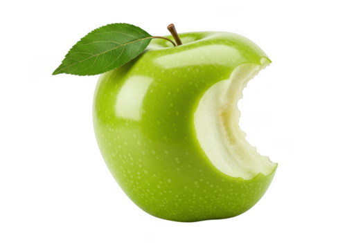 Green apple with a bite isolated on transparent background.