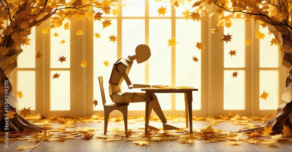 Poster solitary figure sits at desk, surrounded by autumn leaves. warm light filters through windows, creat