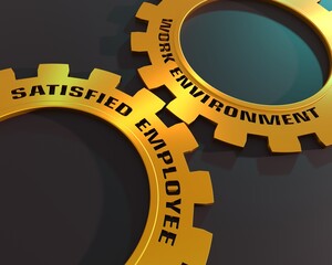 Influence of work environment on employee satisfaction. Cause and effect metaphor. Text on the gears. 3D render
