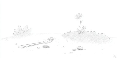 Fork and Coins Near a Daisy Flower on a Mound Sketch Style Illustration
