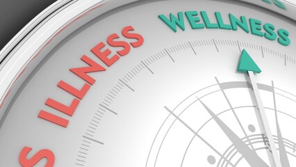 The needle of compass points to the word wellness ignoring the words illness. Health care concept. 3D render