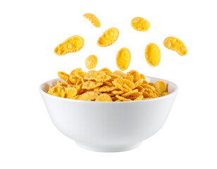 Cornflakes Falling into a White Ceramic Bowl on a Transparent Background a Detailed Studio Shot of Golden Crunchy Breakfast Cereal